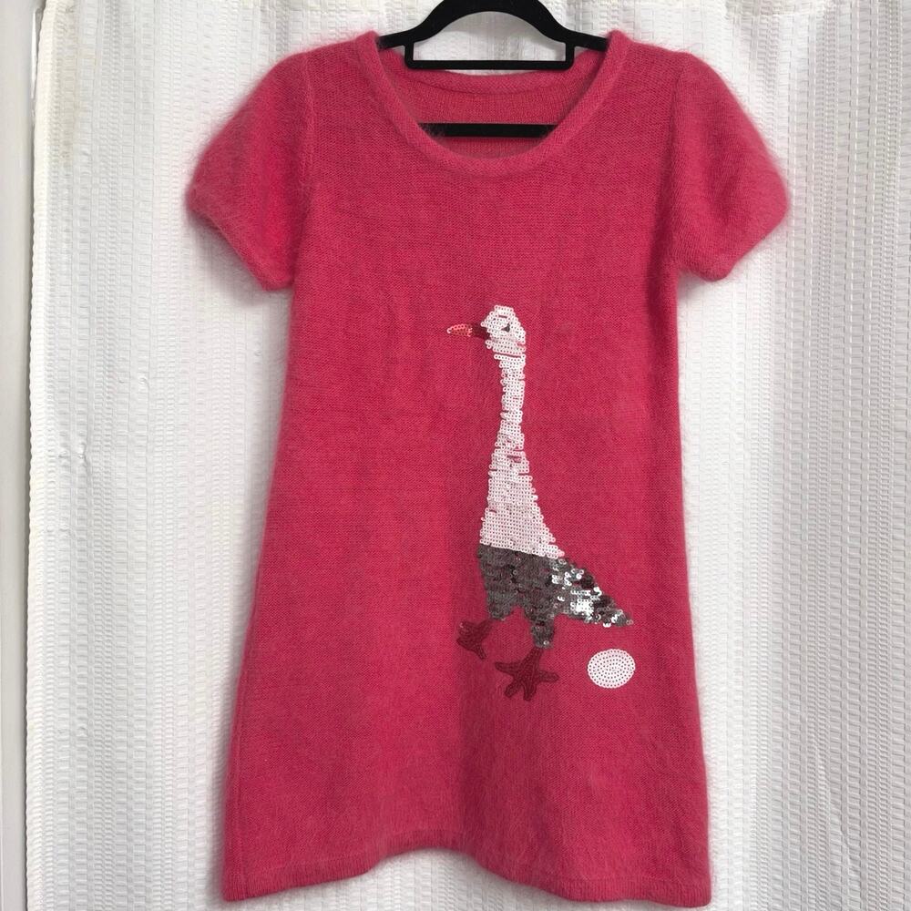 Y2K bright fuzzy shaggy short sleeve dress with sequin egg goose/duck motif EUC